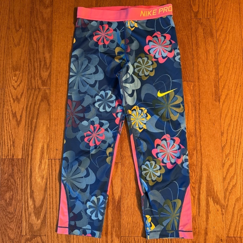 Nike Pro Pink and Blue Floral Leggings Girls Size XL